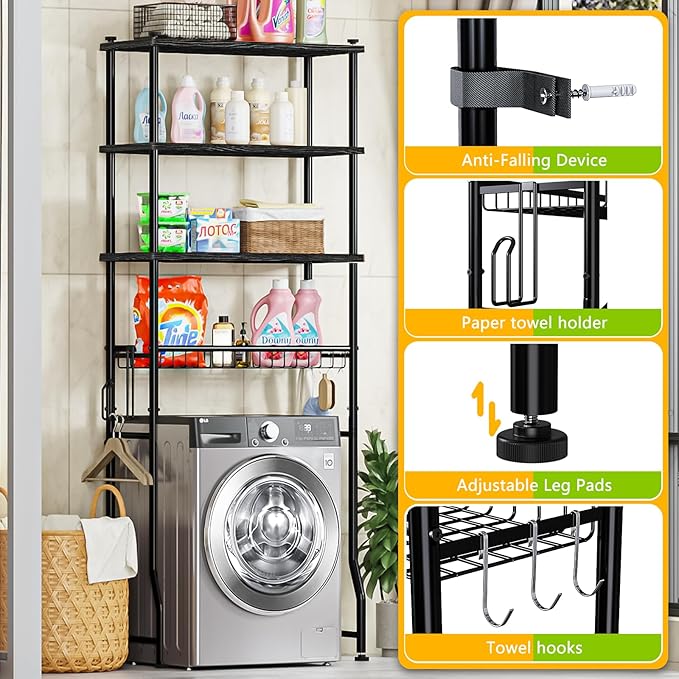 Mlinavn Over-The-Toilet Storage Rack, 4-Tier Bathroom Organizer Shelf Over Toilet with Adjustable Shelf and Basket, Freestanding Space Saver Bathroom Shelves Above Toilet for Room (Black)