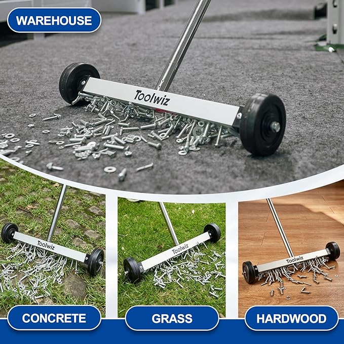 Toolwiz 15" Rolling Magnetic Sweeper 10lbs, with 8 lbs Telescopic Magnetic Pick Up tools with LED light– Telescoping Holder to Pick Up Nails Magnetic Sweeper for Construction