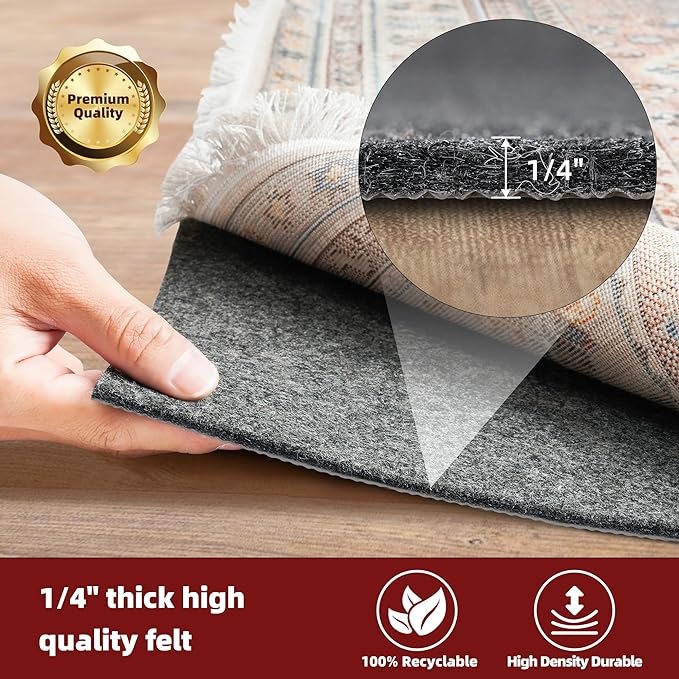 BAGAIL Felt and Natural Rubber Backing Rug Pads 1/4” Thick, 8 x 10 Ft Non Slip Carpet Gripper Keep Rugs in Place, Under Area Rug Protective Cushioned Pads, Carpet Runners, Hardwood Floors Protection