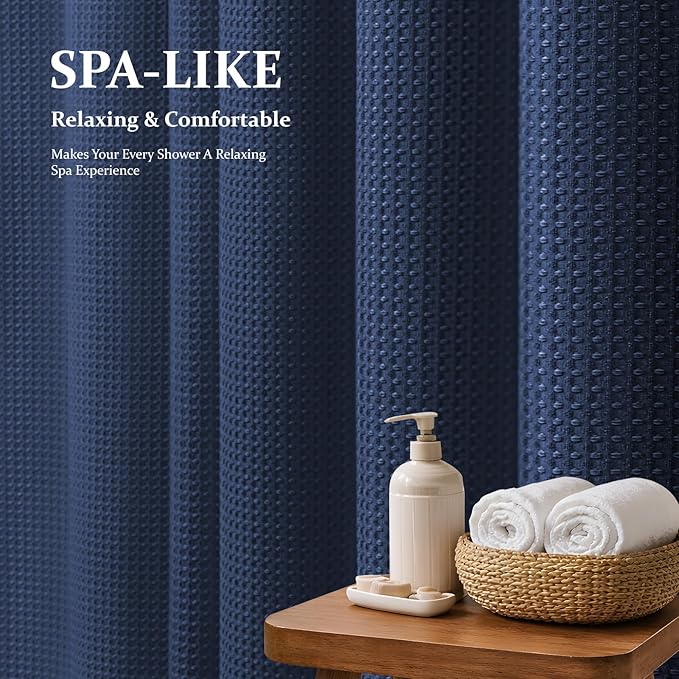 Dynamene Thick Fabric Shower Curtains for Bathroom - Waffle Weave Heavy Duty, 256GSM Hotel Spa Luxury Weighted Polyester Cloth Bath Curtain Set with 12 Plastic Hooks,72x72, Navy Blue
