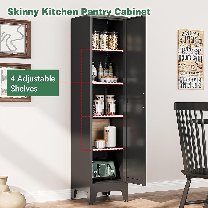 Bevivog Tall Narrow Storage Cabinet, 67" Single Door Metal Storage Locker Cabinet, Freestanding Tall Kitchen Pantry Cabinets for Small Space