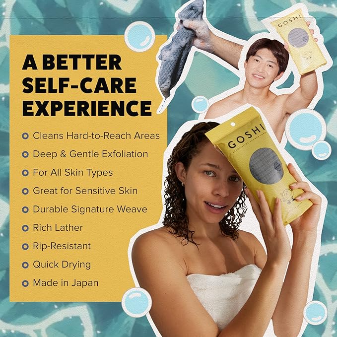 GOSHI Exfoliating Shower Towel - Long Body Scrubber for Back Acne, KP & Smooth Skin - Durable Rip-Resistant Weave, Quick-Dry Nylon Washcloth - Ethically Crafted in Gunma, Japan - Grey