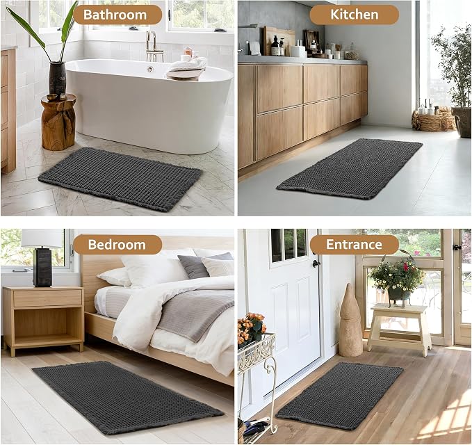 JIUZHEN Set of 2 Waffle Bath Mats Super Absorbent Boho Bath Rugs Non Slip Washable Bathroom Rugs Ultra Soft Machine Washable Shower Mats for Bathroom Floor, Tub, 16" x 24" +24" x 36", Black
