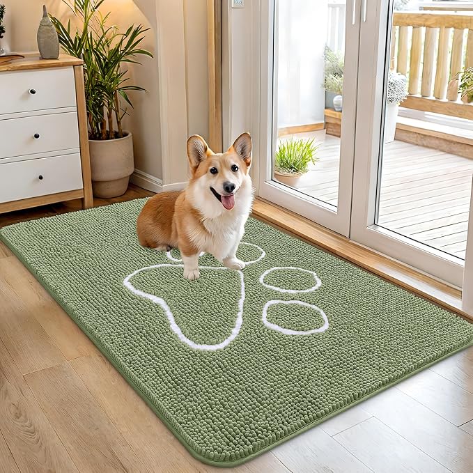OLANLY Dog Door Mat for Muddy Paws 45x27, Paw Print Design, Absorbs Moisture and Dirt, Non-Slip Washable Doormat, Quick Dry Chenille Mud Mat for Dogs, Entry Indoor Entryway Carpet, Sage Green