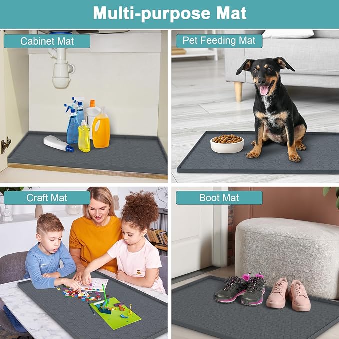 Under Sink Waterproof Mat for Kitchen 34" x 22", Silicone Under Kitchen Sink Mats and Protectors for Cabinets, Under Sink Tray Liner, Cabinet Mat for Kitchen Multipurpose Pet Mats, Rhombic Gray