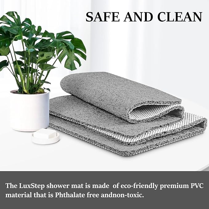 LuxStep Shower Mat Bathtub Mat,32x16 inch, Non-Slip Bath Mat with Drain, Quick Drying PVC Loofah Bathmat for Tub,Shower,Bathroom,Grey