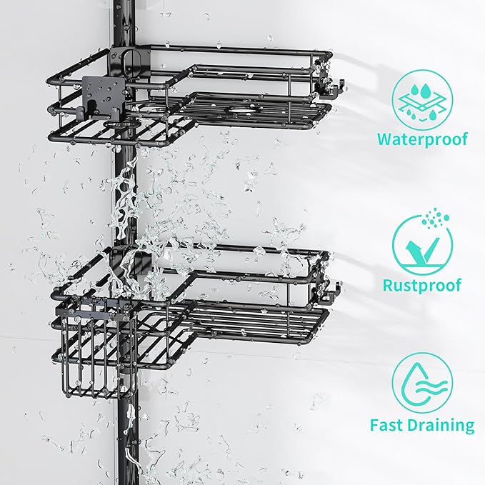 HapiRm Corner Shower Caddy Organizer - Shower Organizer Corner with Soap Holder, Toothbrush Holder and 4 Hooks, Rustproof Bathroom Shelf Tension Pole Available for 27.6 to 108.3 Inch - Black