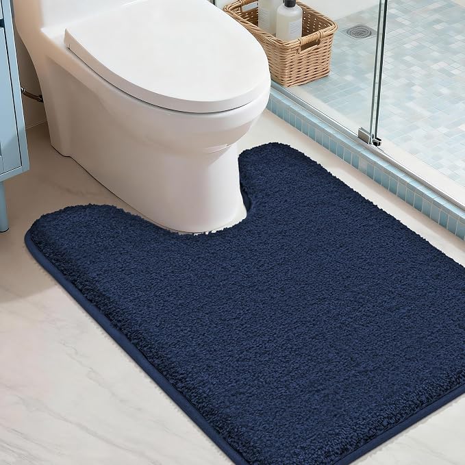 COSY HOMEER Toilet Rugs U-Shaped 24"x20",Soft Absorbent Bath Mat with Non-Slip TPR Backing, Machine Washable Shaggy Bath Rug for Toilet,Navy Blue