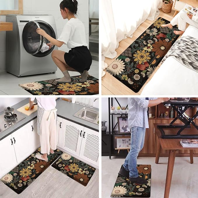Bulijojo Bohemian Floral Anti Fatigue Kitchen Floor Mats Set of 2 Waterproof Kitchen Sink Runner Rug Standing Mat Cushioned Kitchen Rugs Comfort Doormat 17"x47"+17" x30“