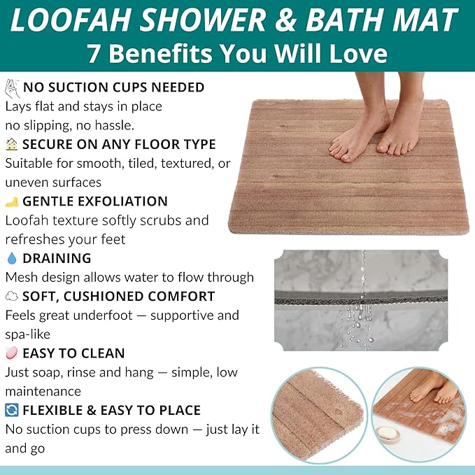 Anti Slip Shower Mat Square - Non Slip Shower Mats for Inside Shower - 24x24 Shower Floor Mat Non Slip - Square Bath Mat for Shower - Secure Loofah Shower Mat No Suction Cups (24x24 Wood Teak)