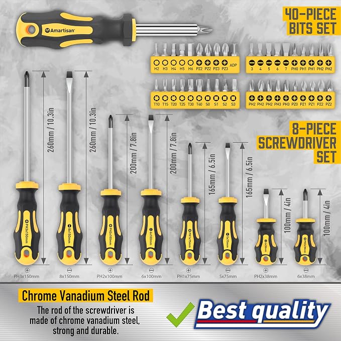Magnetic Screwdrivers Set with Case, Amartisan 72-piece Includs Slotted, Phillips, Hex, Square, Pozidriv,Torx Bits and Insulated Screwdriver Set (1000V), Tools for Men