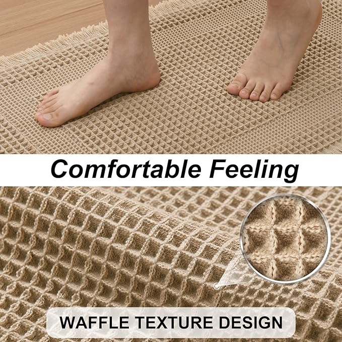 JIUZHEN Waffle Bath Mat Super Absorbent Bath Mat Non Slip Boho Bath Rugs for Bathroom Floor Machine Washable Quick Drying Bathroom Rugs with Tassels, 20" x 32", Loop-Brown