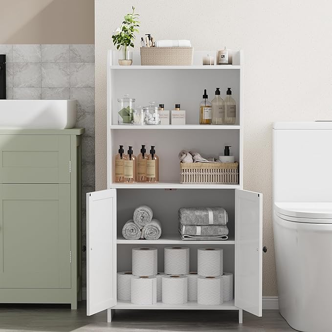 Homhedy Small Bathroom Storage Cabinet, Freestanding Toilet Paper Storage with 2 Doors and Shelves, Bathroom Organizers and Storage for Small Spaces, Laundry Room, 9.8" D x 19.7" W x 39.9" H, White