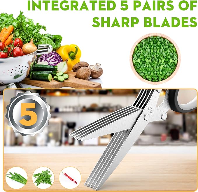 Herb Scissors with 5 Blades and Cover, Kitchen Herb Cutter with Cleaning Comb, Stainless Steel Multi Blade Herb Shears for Basil Parsley Cilantro, Easy Clean Cooking Tool, Unique Kitchen Gadgets Gift
