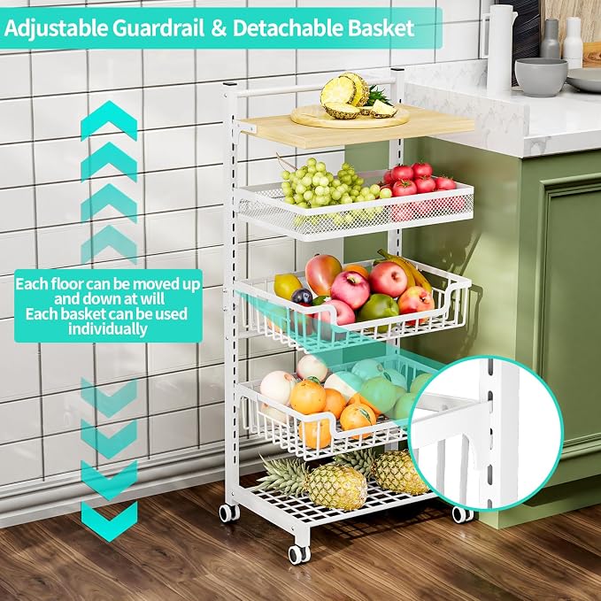 HapiRm Fruit Basket Kitchen Cart - 5 Tier Adjustable Vegetable Storage Rack, Large Capacity Rolling Kitchen Carts on Wheels for Snack Onion and Potato Storage