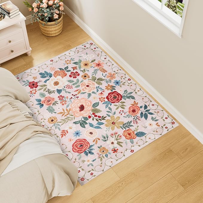 DUKINO 3x4 Area Rug, Lightweight Non Slip Washable Floral Rug, Indoor Low Pile & Non-Shedding Boho Design Carpets for Bedroom, Kitchen, Dining Room, Beige