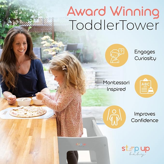 Stepup Baby Toddler Standing Tower - 3 Level Adjustable Wooden Kitchen Step Stool, Bathroom Sink, Kitchen Counter, Kids 18 Months to 4 Years Gift - Gray