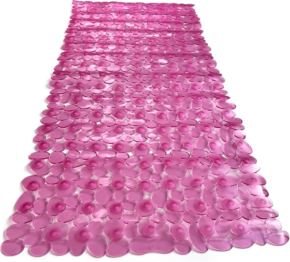 “Pebbles” Non-Slip Bathtub/Shower Mat 35"x16" Rectangular, Non-Toxic, Safe, Clean, Machine-Washable, Superior Grip & Drainage, Vinyl, for Smooth Floors ONLY, Transparent Pink