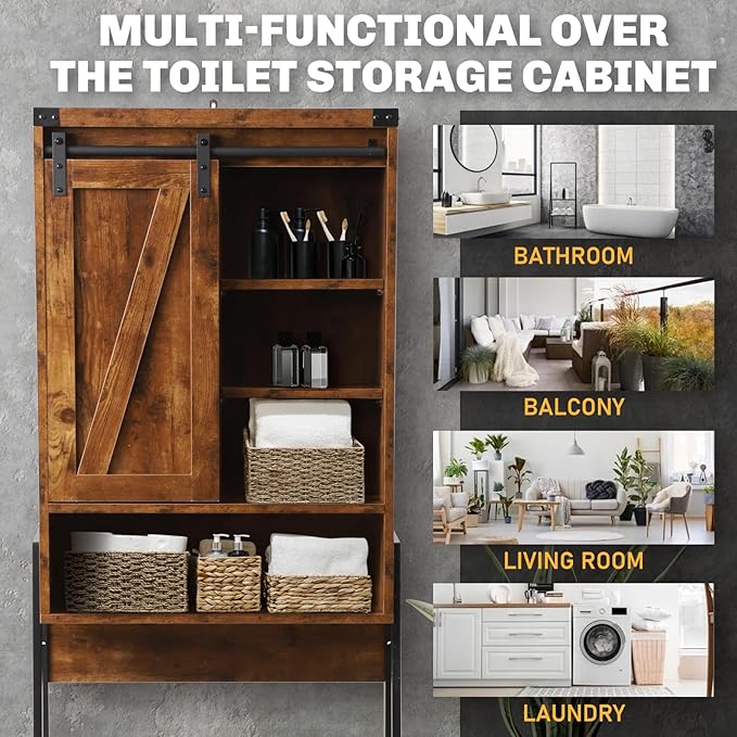 Over The Toilet Storage Cabinet, Behind Toilet Bathroom Organizer with Adjustable Shelves, Above Toilet Organizers with Barn Door, Space Saver for Restroom, Bathroom, Laundry, Brown