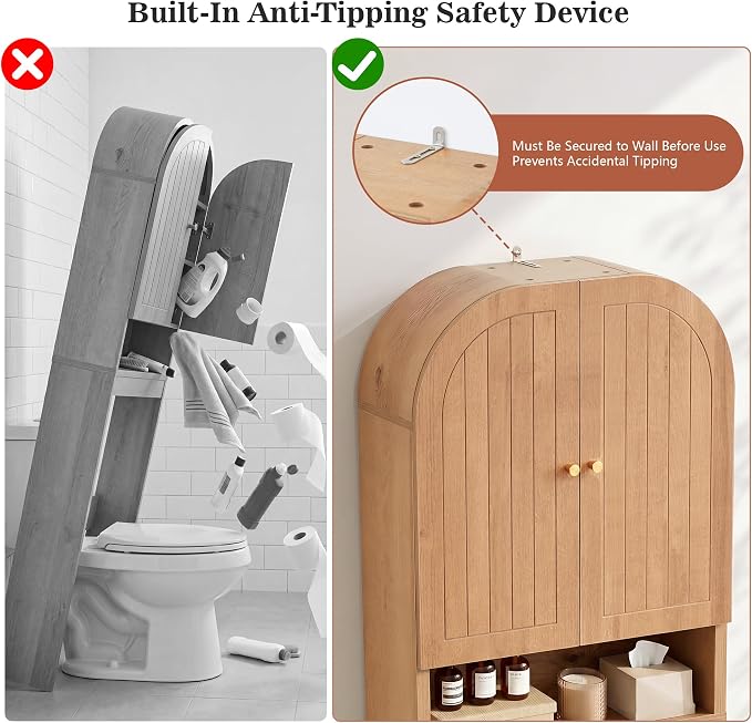 Over the Toilet Storage Cabinet, 70" Tall Bathroom Space Saver with Fluted Grooved Doors, Freestanding Over Toilet Organizer with Adjustable Shelves & Soft-Close Hinges for Small Bathrooms (Caramel)
