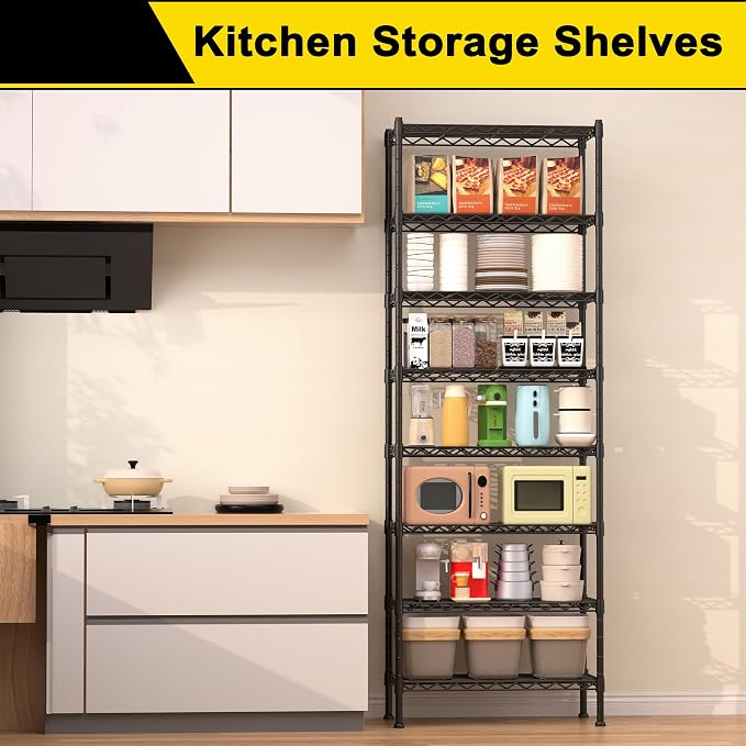 GIOTORENT 8-Wire Garage Shelving Storage Shelves, Kitchen Storage Adjustable Shelf, Metal Shelves 1600Lbs Capacity 24" Lx14 Wx72.2 H for Laundry Bathroom Pantry Closet, Black