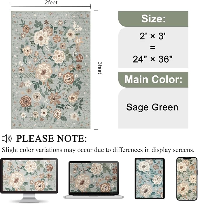 DUKINO 2x3 Rugs for Entryway, Floral Indoor Washable Door Mat, Non Slip Boho Small Rug for Kitchen, Soft Low Pile, Front Door Throw Rug for Entrance, Bedroom, Kitchen, Laundry, Bathroom, Sage Green