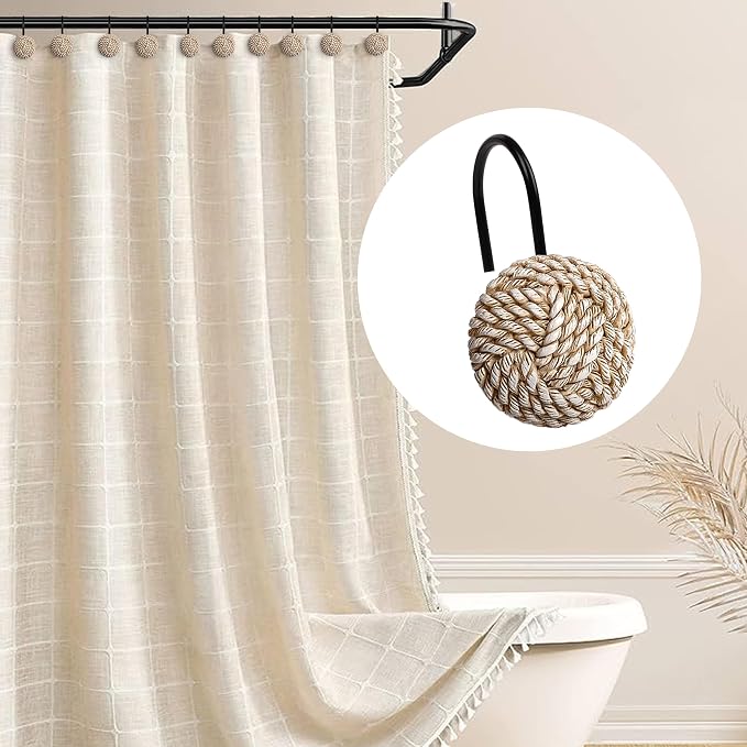 Sunlit Boho Knots Shower Curtain Hooks, Home Decorative Shower Curtain Rings with Black Hooks for Bathroom, Seaside Nautical Shower Curtain Hangers Bathroom Accessories, Set of 12