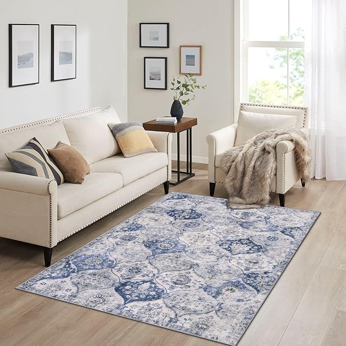 Lahome Moroccan Trellis Washable Small Area Rug, 3x5 Area Rug for Bedroom Living Room, Non-Slip Oriental Throw Carpet for Kitchen Office Entryway Bathroom Office Elise, White/Royal Blue