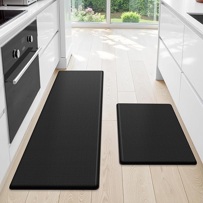 StepLively Kitchen Mat, 2 PCS Kitchen Rugs, Cushioned Kitchen Mats for Floor, Anti Fatigue Kitchen Rug Set, Non-Skid Standing Mat for Kitchen, Office, Sink, 17.3"×30"+17.3"×47", Black