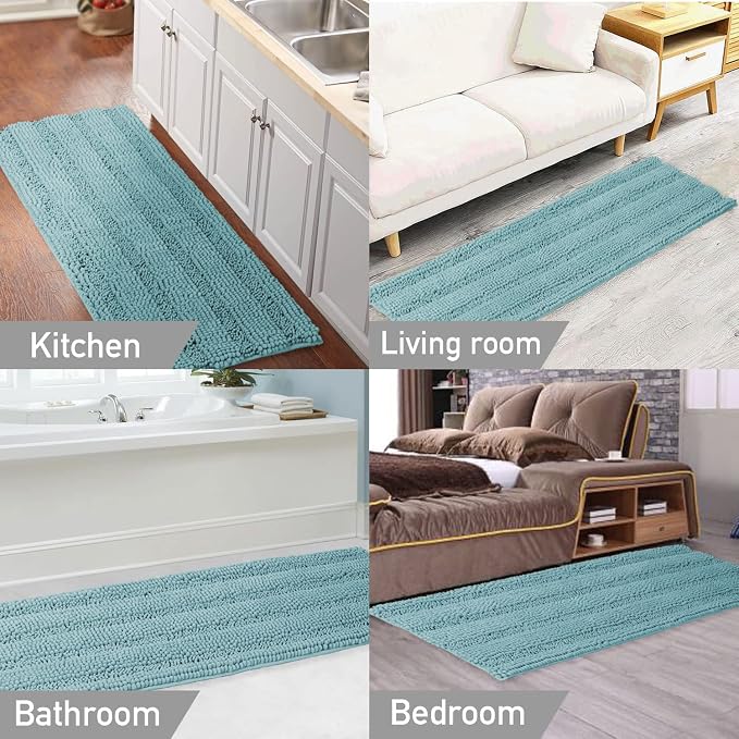 Turquoize Bath Rug - Large Size Plush Shaggy Chenille Bathroom Rug 47 x 17 Non-Slip Extra Soft & Absorbent Thick Shaggy Floor Mats, Washable, Aqua Haze