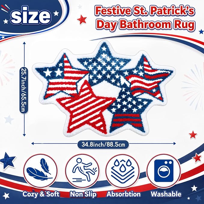 Capoda 1 Pcs Patriotic Bathroom Rug 24 x 35 Inch 4th of July Star Bath Mat Non-Slip Soft Microfiber Independence Day Rug for 4th of July Kitchen Home Bathroom Entrance Decor(Strip Star, Red Blue)