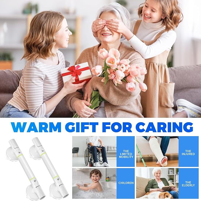 Strong Suction Grab Bar - 2 Pack, Bathroom Safety Handle for Seniors & Elderly, Easy Install No Drill for Bathtub, Toilet & Shower, Ivory White 14Inch