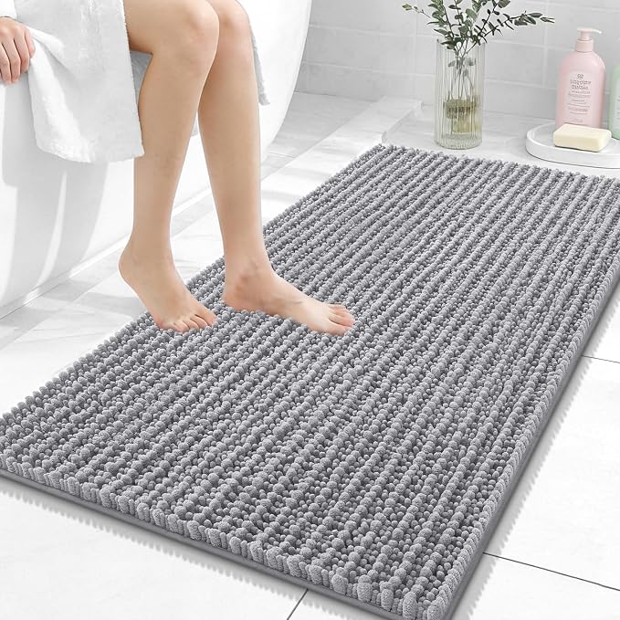 OLANLY Bathroom Rug Mat 44x24, Thick Soft and Absorbent Chenille Bath Mat, Non-Slip Rubber Backing, Machine Washable Quick Dry Bath Rugs for Tub Shower Floor, Home Decor Accessories, Grey