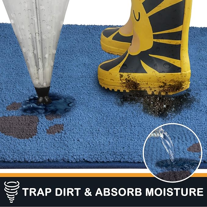 PURRUGS Dirt Trapping Door Mat 32" x 70", Non-Skid/Slip Machine Washable Microfiber Entrance Rug, Shoes Scraper, Dog Doormat, Super Absorbent Floor Mat for Muddy Wet Shoes and Paws, Blue