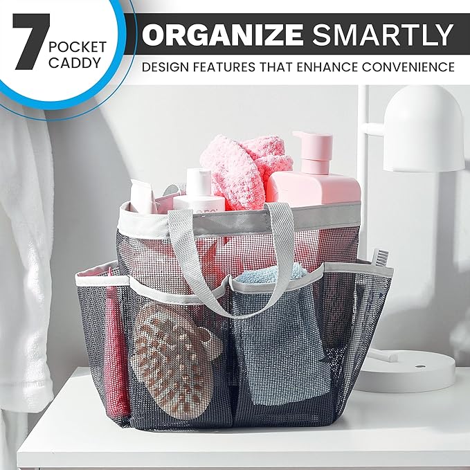 Handy Laundry Mesh Shower Caddy Portable for College Dorm Room Essentials, 7 Pocket Hanging Shower Bag Tote, Quick Dry Collapsible Toiletry Organizer for Gym, Beach, Travel, Camping (Black)