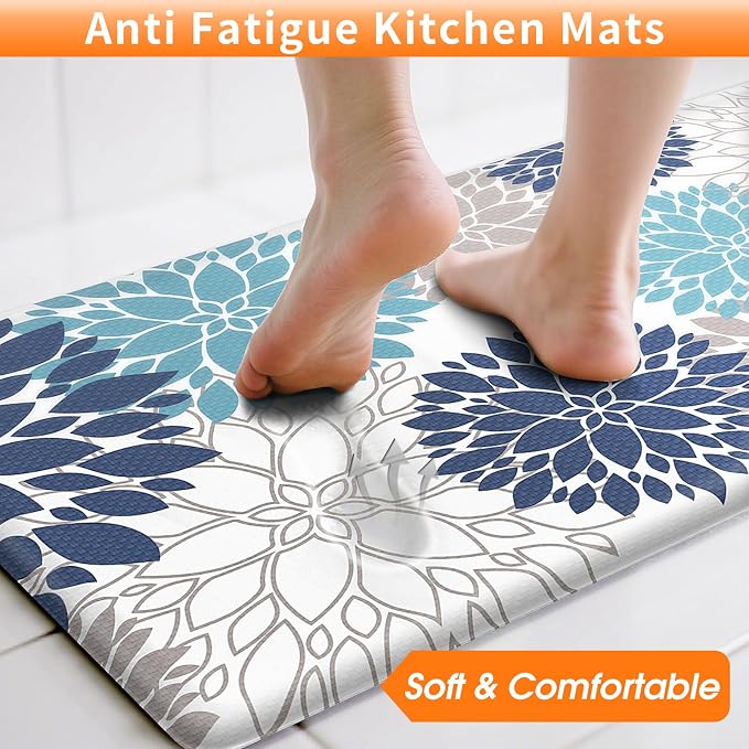 StepLively Kitchen Mats for Floor, Anti Fatigue Mats for Kitchen Floor, Kitchen Decor and Accessories Non Slip Washable Mats Set of 2 for Sink, Office, Laundry, 17.3"×30"+17.3"×59", Blue and White