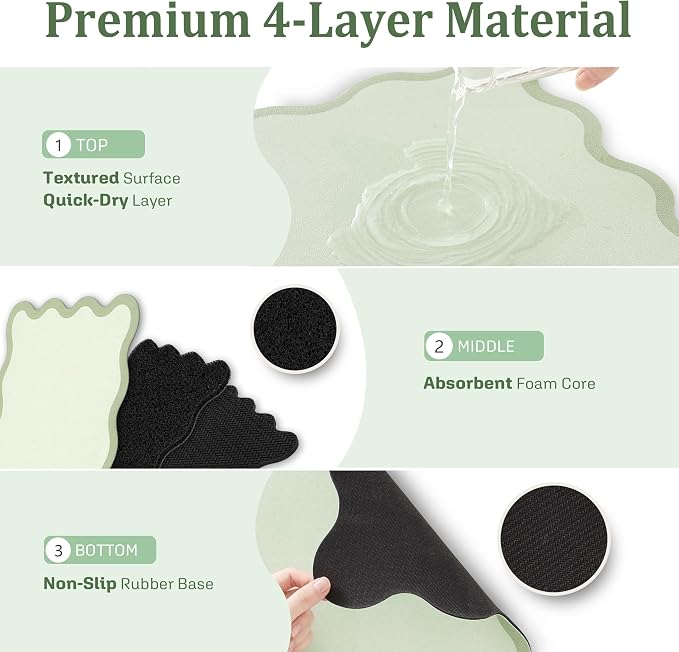 Scalloped Dish Drying Mat for Kitchen Counter, Absorbent Easy Clean Non-slip Coffee Bar Station Accessories, Trendy Cute Aesthetic Modern Drainer Kitchen Drying Mat, Sage Green 12" x 19"