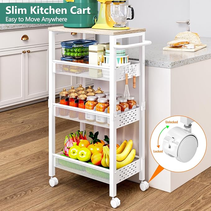 Vivihomety Utility Slim Storage Cart with Wheels, 4 Tier Small Rolling Cart with Wood Top, Metal Kitchen Bathroom Laundry Room Organization Trolley with Handle for Narrow Space - White