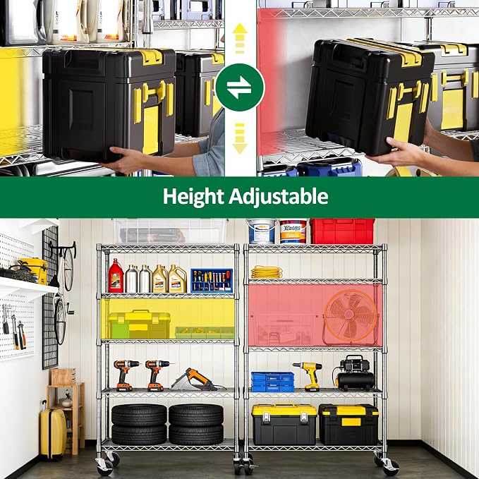 IZEUK 5-Tier Storage Shelving Unit with Wheels, Adjustable Heavy Duty Steel Wire Rack Organizer (Chrome, 17.7" D x 47.2" W x 76.7" H, 1750 lbs Capacity) for Garage, Kitchen, Pantry, Laundry, Basement