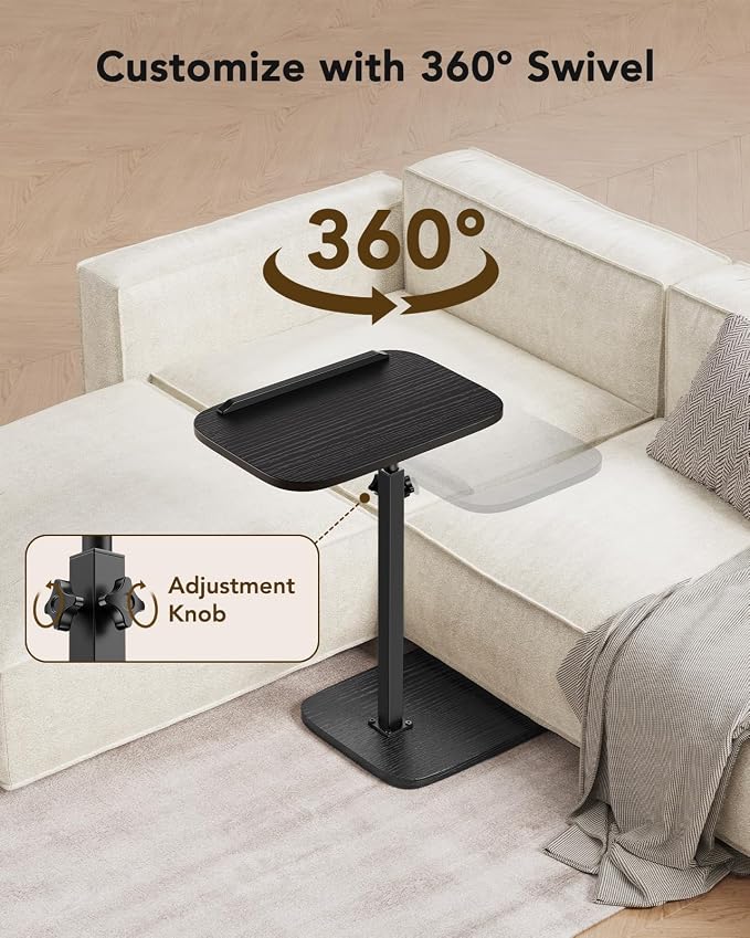 HUANUO Adjustable TV Tray, Height Adjustment TV Trays with 360° Swivel and 90° Tilt, Sturdy & Multi-Functional Sofa Table with Anti-Slip Bar, Space-Saving Side Table for Couch, Bedside, and Dining Use