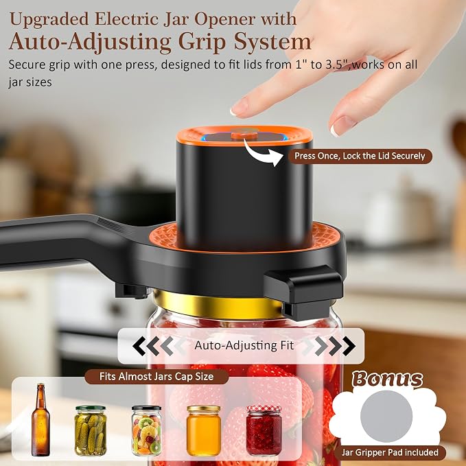 Electric Jar Opener for Seniors with Auto-Adjusting Gripper, Rechargeable Jar & Bottle Openers for Weak Hands & Arthritis, Easy Twist Off Lid Opener with Rubber Gripper Pad, Fits 1"-3.5" Lids(Orange)