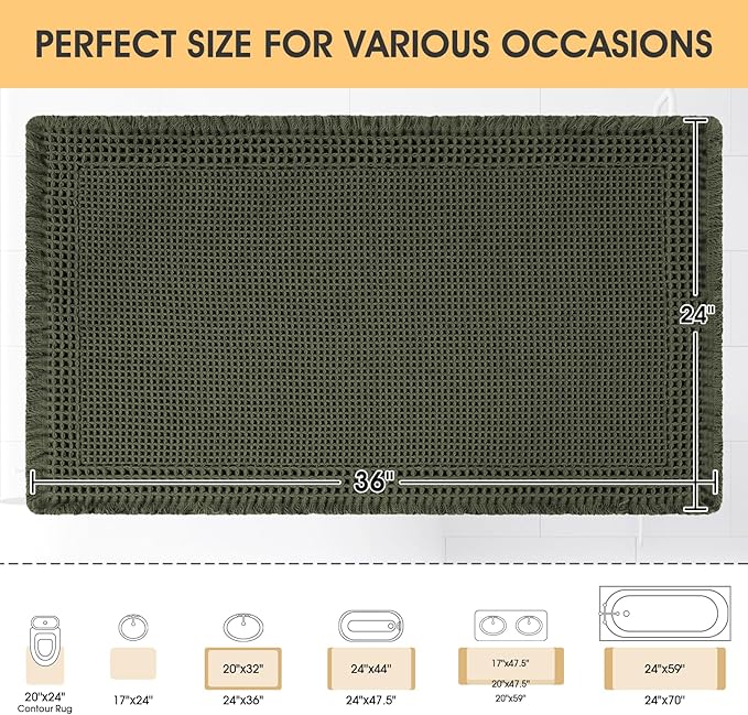 Waffle Bath Mat, Boho Woven Modern Bath Rug Absorbent Non Slip, Ultra Soft Bathroom Mats, Machine Washable Knit Bath Rugs with Border for Bathroom, Bedroom, Kitchen, Shower, Tub, 36"x24", Dark Green