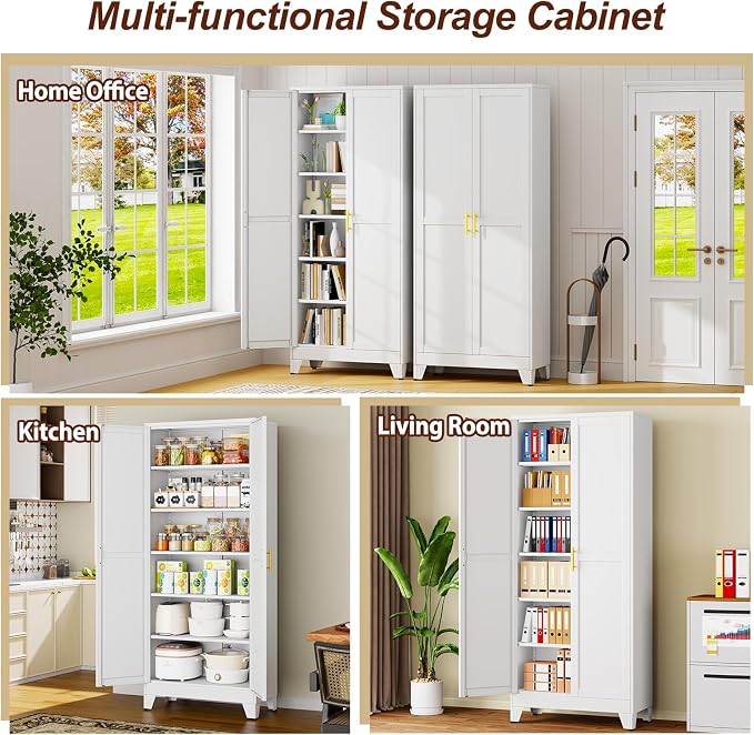 75" White Metal Garage Storage Cabinet with 2 Doors and 5 Adjustable Shelves,Kitchen Pantry Cabinet,File Cabinet,Steel Tool Cabinet for Home,Office,Garage,School,Warehouse