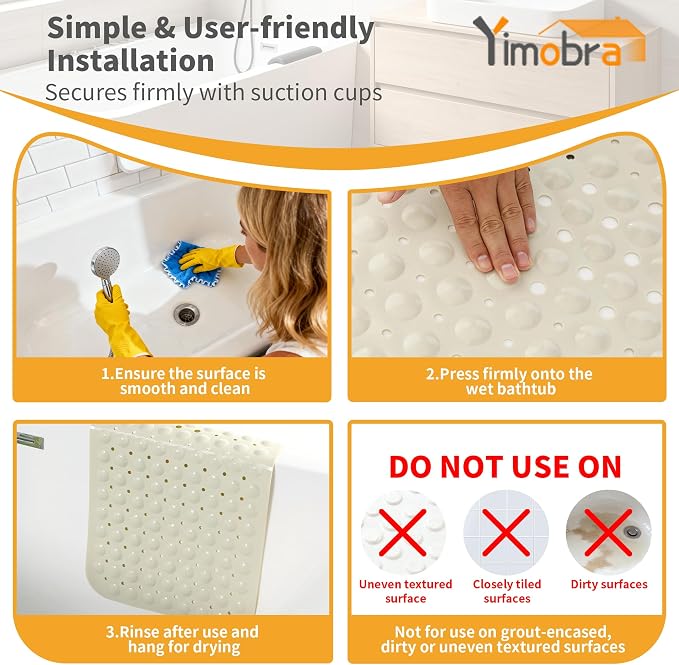Yimobra Non Slip Bathtub Mat 40 x 16 Inch, Extra Long Shower Mat with Drain Holes, Machine Washable Baby Bath Mats, Strong Suction Cups for Bathroom Floor, Beige