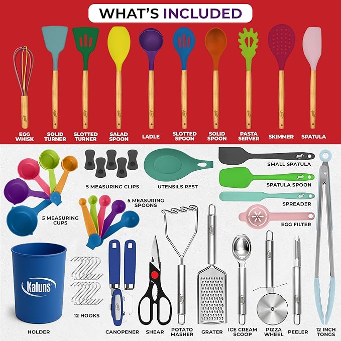 Kaluns 50 PCS Silicone Kitchen Utensils Set Complete Kitchen Set - 800°F Heat Resistant Non-Stick Premium Silicone Cooking Utensils W Wooden Handles - Can Opener, Masher, Turner, Silicone Spatula Set