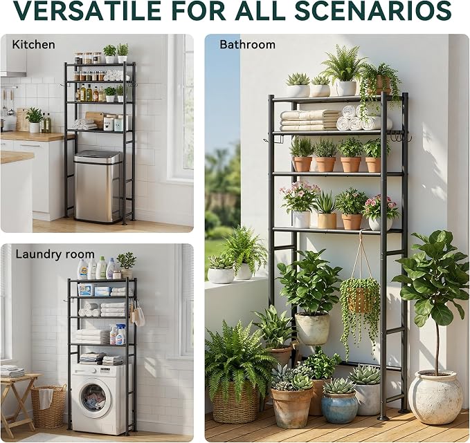GloTika 4-Tier Over The Toilet Storage, 200lb Total Capacity Metal Bathroom Organizer with 36" Clearance, Includes Paper Holder & 4 Hooks, Space Saving Rack for Bathroom Laundry Room (64" H, Black)