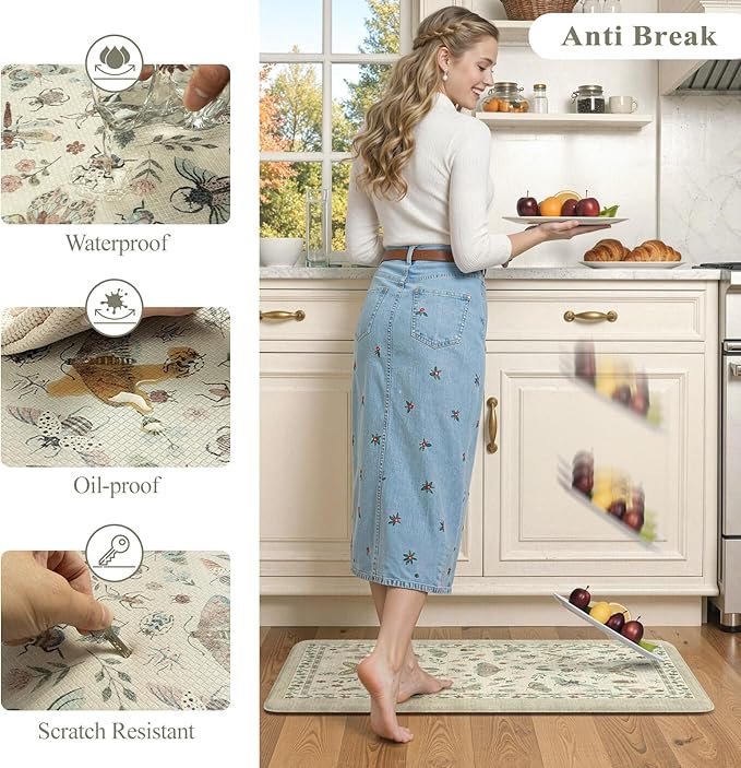 LEEVAN Anti Fatigue Mats for Kitchen Floor Non-Slip, Cushioned Kitchen Mats for Floor 17.3''x29''+17.3''x59'', Tan Memory Foam Kitchen Mat Set