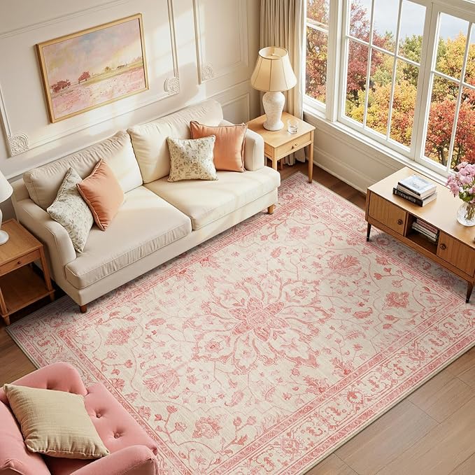 RELEANY Area Rugs 6'x9' Washable Non-Slip, Floral Vintage Distress Medallion Carpet for Living Room Bedroom Dining Room, Pink Light Vintage Pink