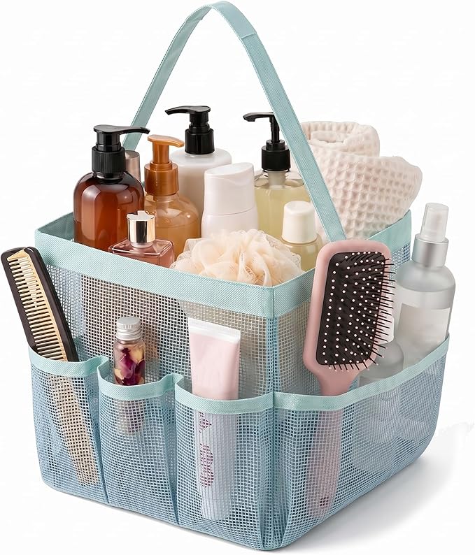 Mesh Shower Caddy Portable for College Dorm Room Essentials, Large Capacity Shower Caddy Dorm Bag with 9-Pockets, Quick-Dry Toiletry Organizer for Gym Beach Camping Travel Bathroom, Blue