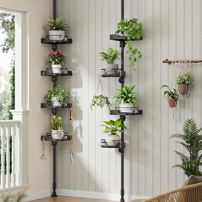 shuang qing 360° Rotating Corner Shower Caddy Tension Pole Organizer - 4-Tier Adjustable Rustproof Metal Pole, Plastic Shelves with Safety Guardrail, Bathroom Storage for Shower & Bathtub(Black)